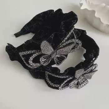 Корейская бархатная повязка на голову с бантом из пайеток: Нескользящий, широкий и универсальный аксессуар для волос чёрный