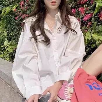Корейская белая рубашка с длинным рукавом, женская весна и осень, повседневная свободная женская блузка, офисная женская блузка 2023, модные элегантные рубашки 29288 S белый