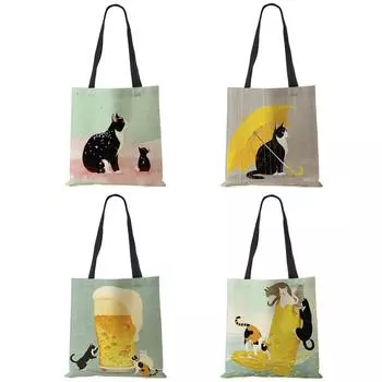 Корейская большая сумка с мультяшным котом и принтом для женщин, многоразовые сумки на плечо для продуктов, складные дорожные школьные сумки, сумка