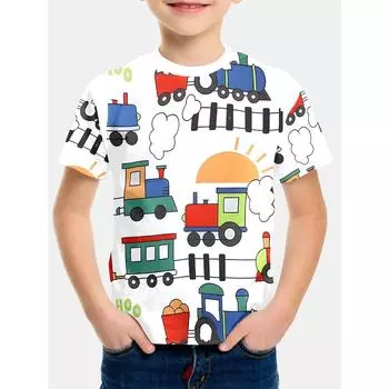 Корейская детская одежда 2024 года, детская одежда с мультяшными поездами, детская одежда для мальчиков, топы, футболки, футболки для мальчиков, топы 100cm