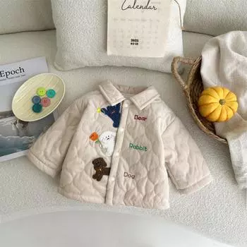 Корейская детская одежда, вышитая мультяшная куртка с хлопковой подкладкой, утолщенное теплое пальто, очень милая осенне-зимняя куртка с хлопковой подкладкой для малышей 73CM абрикосовый