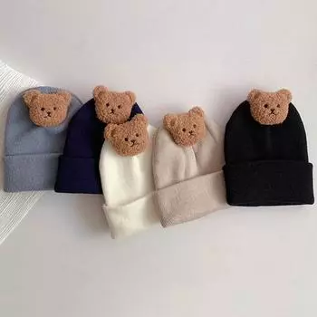 Корейская детская осенне-зимняя шапка с милым медведем, вязаная теплая шапка для новорожденных, детская шапочка, однотонная мягкая вязаная шапка для маленьких девочек и мальчиков