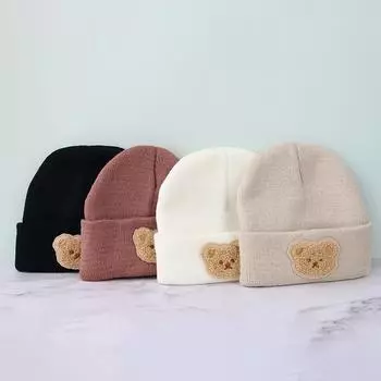 Корейская детская шапка с рисунком медведя, зимняя теплая вязаная шапка для новорожденных мальчиков и девочек, шапочки, мягкая шапка для малышей, детские шапки, капот бежевый