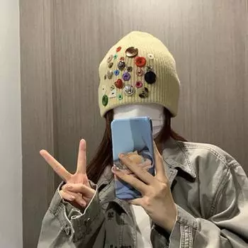 Корейская дизайнерская красочная шапка на пуговицах, шерстяная шапка, женская осенне-зимняя модная уличная вязаная шапка, индивидуальная холодная шапка 56-58cm чёрный