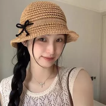 Корейская дышащая соломенная шляпа с бантом, универсальная шляпа рыбака, летняя солнцезащитная шляпа для прогулок на свежем воздухе и защита от солнца M56-58cm покинуть белый