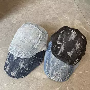 Корейская джинсовая кепка, женская шляпа с накидкой, рваный берет, ретро-шляпа, мужские и женские шляпы от солнца M56-58cm чёрный