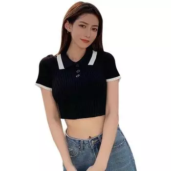 Корейская футболка с отложным воротником, контрастного цвета, облегающая, повседневная, с открытым животом, с коротким рукавом, вязаная One Size