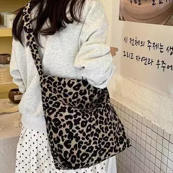 Корейская холщовая сумка с леопардовым принтом в стиле Ins для женщин, осенне-зимняя сумка через плечо большой вместимости для студентов колледжа, чтобы ходить на работу, игрушки для занятий