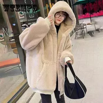 Корейская имитация меха кролика рекс, женское зимнее теплое длинное утолщенное кашемировое пальто с капюшоном из овечьей шерсти XL чёрный