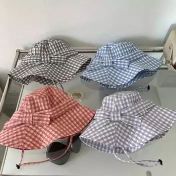 Корейская клетчатая шляпа с большими полями для женщин, кепка-ведро с бантом и плоским верхом, складная, на шнуровке, для отдыха на весну и лето, для милых дам 56-58cm чёрный