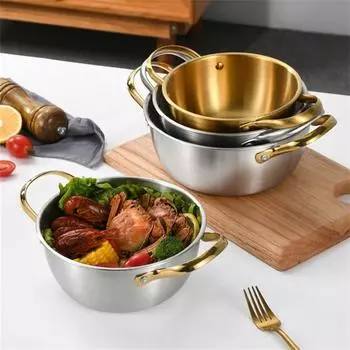 Корейская креативная кастрюля для рамэна из нержавеющей стали с двойным ушком, антипригарное покрытие, сухая сковорода для морепродуктов, кастрюля, кухонная утварь