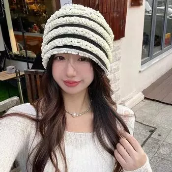 Корейская ленивая ветровая плиссированная полосатая стековая шапка холодная женская осенне-зимняя большая окружность головы универсальная ретро шляпа мешок головной убор прилив M (56-58cm) Horizontal Striped Love Stacking Cap бежевый