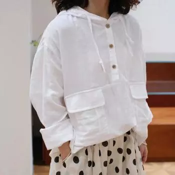 Корейская литература, карамельный цвет, тонкий топ с капюшоном, двухслойные рубашки из хлопковой пряжи, солнцезащитные женские повседневные блузки с заниженной линией плеч, пуловеры, рубашки большого размера One Size