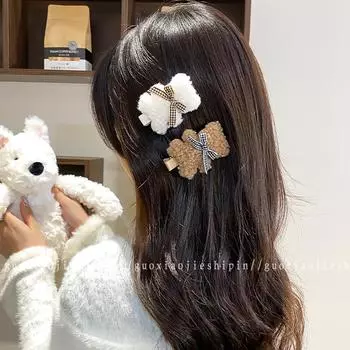 Корейская милая плюшевая заколка для волос в виде овечки и медведя для девочек - простой студенческий аксессуар для волос, новая заколка для челки сбоку кофейный