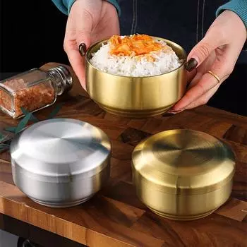 Корейская миска для риса из нержавеющей стали 304 с крышкой, двухслойная, не допускающая пригорания, миски для подачи супа, контейнер для кухонной утвари