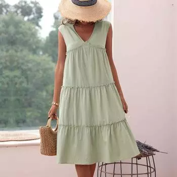 Корейская мода элегантный шифон женщина повседневный плюс размер свободные летние однотонные многоуровневые платья S зелёный