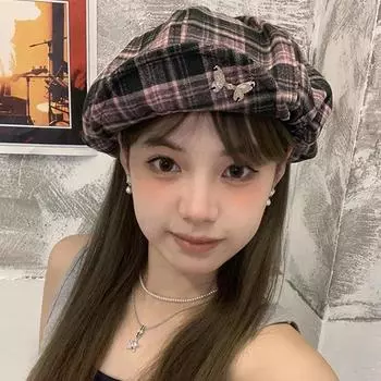 Корейская мода береты с перевернутыми полями в виде бабочки для женщин, летняя мода, универсальная ретро-шляпа контрастного цвета в клетку, восьмиугольная шляпа 56-58cm фиолетовый
