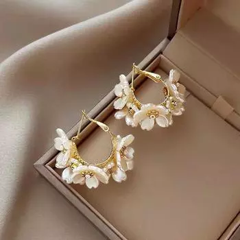 Корейская мода блестящие серьги-кольца со стразами и искусственным жемчугом для женщин, белые цветочные круглые серьги, ювелирные изделия для вечеринок