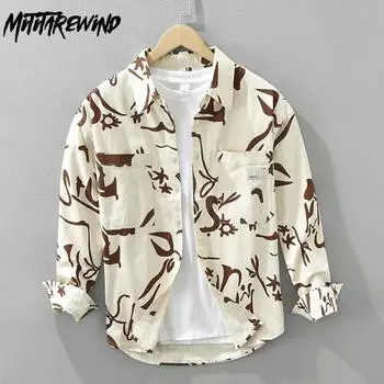 Корейская мода длинные рукава принтованные рубашки для мужчин весна и осень уличная одежда литературные мужские топы молодежная чистая хлопковая повседневная рубашка M абрикосовый