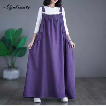 Корейская мода для женщин большой джинсовый сарафан плюс размер зеленый фиолетовый коричневый повседневный свободный макси длинное платье-майка без рукавов мешковатое платье с карманами M фиолетовый