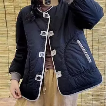 Корейская мода хлопковая куртка Parker женская 2024 новая осень-зима пальто свободная ретро с круглым вырезом хлопковая одежда с хлопковой подкладкой верхняя часть M хаки