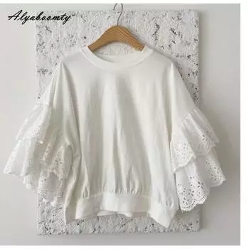 Корейская мода летняя женская уличная футболка короткая с круглым вырезом в полоску пэчворк/белая повседневная свободная футболка мешковатая кружевная оборка хлопковый топ One Size белый