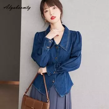Корейская мода осень-весна женская стильная джинсовая блузка с отложным воротником повседневная свободная синяя рубашка с длинным рукавом элегантная блузка с поясом