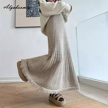 Корейская Мода Осень Зима Женская Миди Теплая Юбка Высокая Талия Бежевый Черный Хаки Вязаная Юбка Кисточка Русалка Вязаные Плотные Юбки One Size