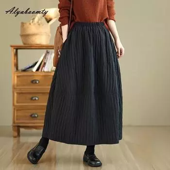 Корейская мода осень-зима женская теплая юбка миди с высокой талией черная бежевая юбка с подкладкой свободная утолщенная базовая однотонная женская юбка M чёрный