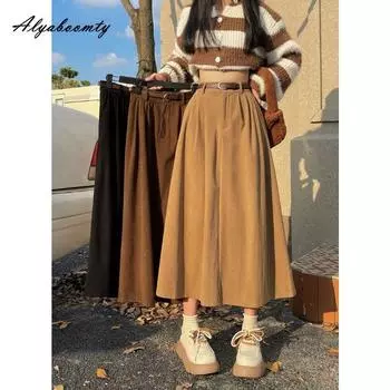 Корейская мода осень-зима женская юбка миди с высокой талией черная коричневая хаки вельветовая юбка свободная повседневная однотонная универсальная юбка с поясом S коричневый