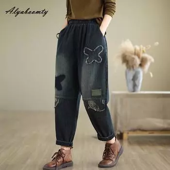 Корейская мода осень зима женские шаровары джинсы с высокой талией аппликации бабочки повседневные свободные джинсы ретро элегантные джинсовые брюки с карманами M