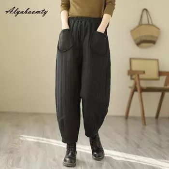 Корейская мода осень-зима женские теплые брюки с высокой талией однотонные/в клетку мешковатые шаровары утолщенные утепленные базовые женские брюки M чёрный