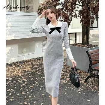 Корейская мода осень-зима женское платье-свитер миди с отложным воротником контрастного цвета вязаное платье с бантом вязаное милое теплое платье One Size серый