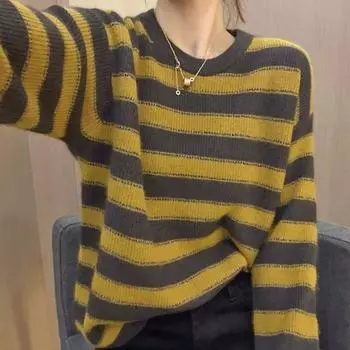 Корейская мода Осенние свитера Женские с круглым вырезом в полоску Контрастные цвета Офисные женские универсальные пуловеры с длинным рукавом Трикотажные топы S жёлтый
