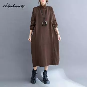 Корейская мода плюс размер осень зима женское теплое миди вязаное платье водолазка черное коричневое флисовое платье с длинным рукавом повседневное свободное платье с карманами L