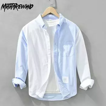 Корейская мода с длинным рукавом мужская рубашка молодежный уличный стиль пэчворк рубашки повседневная чистый хлопок мягкая и удобная мужская одежда M синий