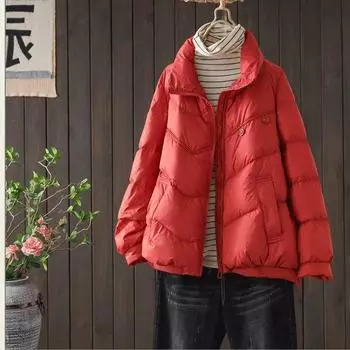 Корейская мода свободный пуховик женский короткий стиль зимняя новая универсальная стойка воротник белая утиная пуховая утолщенная теплая куртка S чёрный