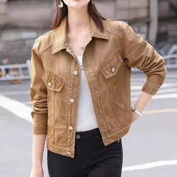 Корейская мода в Гонконгском стиле Джинсовое пальто Осень-зима Джинсовая куртка Женские топы Короткие куртки Сплошной цвет Свободная одежда 29281 S чёрный