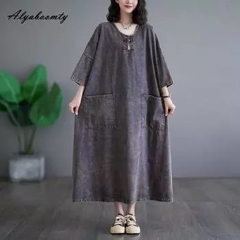 Корейская мода весна-осень женское джинсовое платье больших размеров с круглым вырезом свободного покроя повседневное свободное платье с рукавами 3/4 винтажное платье с карманами M