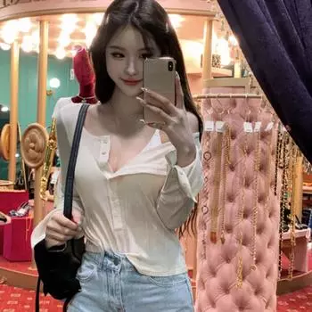 Корейская мода Y2k, укороченные топы, блузка, женский оригинальный дизайн, рубашки с длинными рукавами и v-образным вырезом, корейские винтажные сексуальные марлевые футболки Harajuku XS чёрный