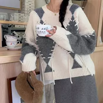 Корейская мода женский пуловер свитер с ромбами на осень и зиму с круглым вырезом и длинным рукавом свободный вязаный свитер короткие трикотажные топы 1431 One Size серый