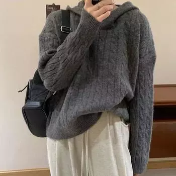 Корейская мода женский свитер с капюшоном и переплетением, осень-зима, ретро, длинный рукав, утолщенный трикотажный свитер, свободная повседневная одежда 2121 One size серый