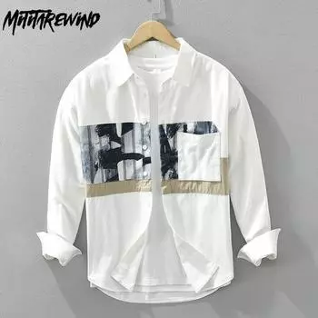 Корейская модная белая рубашка с длинным рукавом, мужская весенне-летняя мужская одежда из чистого хлопка, уличный стиль, свободный топ, лоскутная рубашка с принтом и карманом M белый