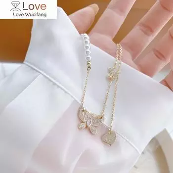 Корейская модная бижутерия 14-каратное золотое циркониевое ожерелье с подвеской в виде бабочки и любви, элегантное женское регулируемое ожерелье на ключицу белый