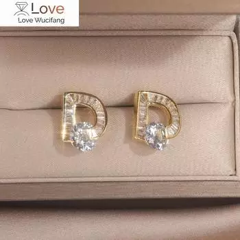 Корейская модная бижутерия, изысканные роскошные серьги с буквой D из циркония AAA 14K, покрытые настоящим золотом, блестящие женские серьги для свадебной вечеринки белый