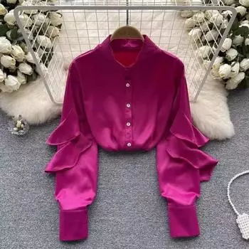 Корейская модная блузка с длинными рукавами и рюшами, женская винтажная элегантная атласная рубашка, женские однотонные повседневные свободные блузки, дизайнерские топы 29538 S зелёный