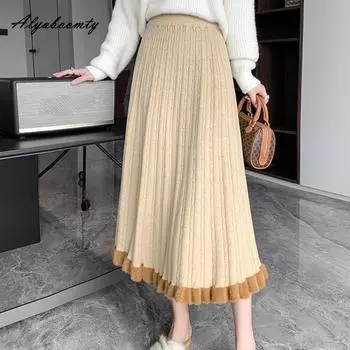 Корейская модная осенне-зимняя женская теплая вязаная юбка миди с высокой талией, черная, серая, абрикосовая, хаки, коричневая, вязаные юбки с оборками One Size серый