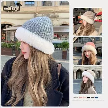 Корейская модная плюшевая шапка, зимняя теплая вязаная шерстяная шапка, открывающая лицо, маленькая защитная шапка для ушей 56-58cm чёрный