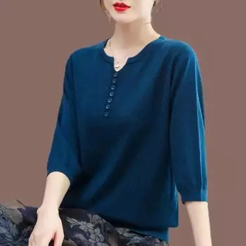 Корейская модная женская трикотажная футболка большого размера, женская одежда, весна-лето, пуловер с рукавами 3/4, свободные повседневные однотонные винтажные футболки XS красный