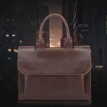 Корейская мужская ретро-деловая сумка-мессенджер - кожаный дорожный портфель Crazy Horse с ручным креплением и ремнем 17-inch чёрный